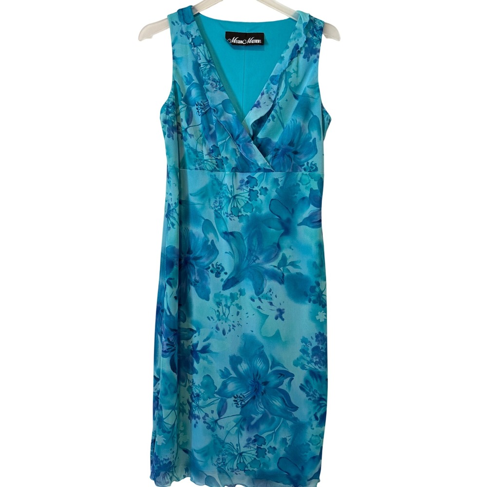 Meghan Matthews Teal Blue Floral Watercolor Ruffle‎ V-Neck Sleeveless Midi Dress